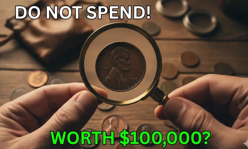 Rare penny under magnifying glass.