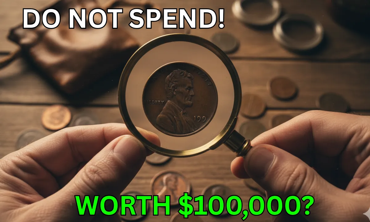 Rare penny under magnifying glass.