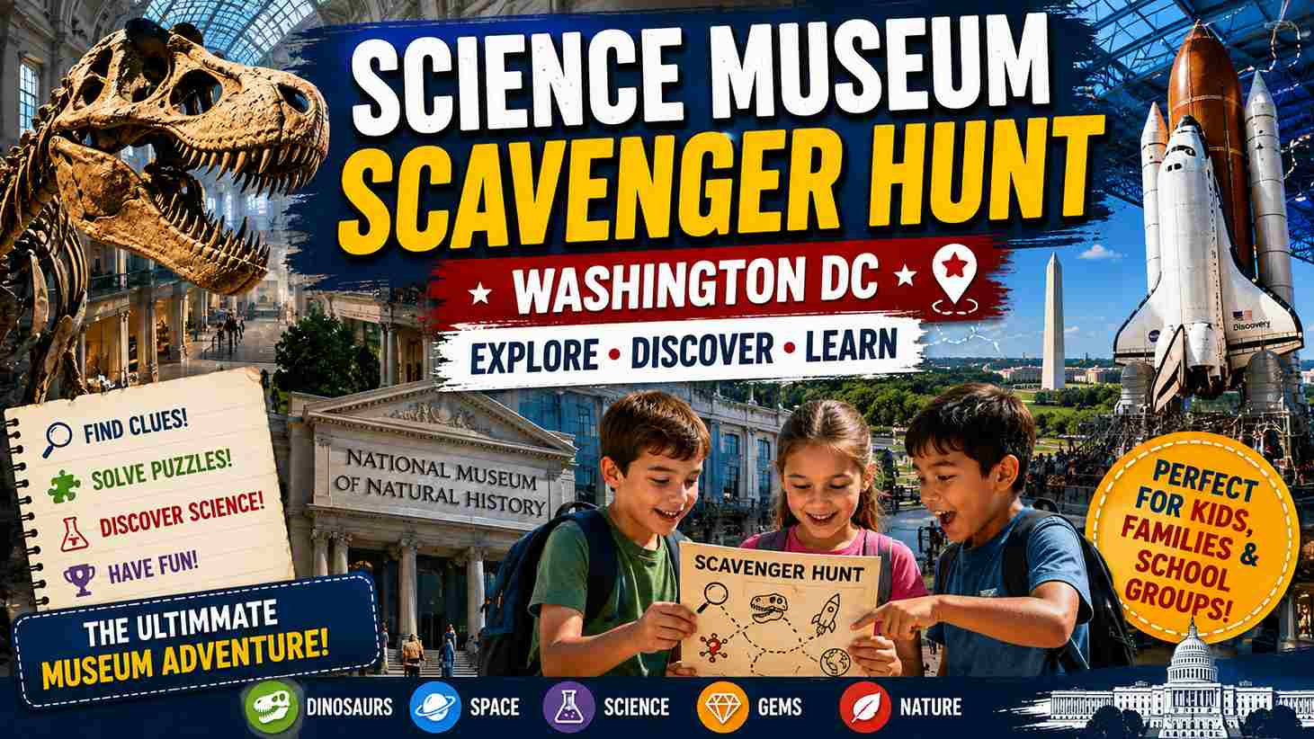 Science Museum Scavenger Hunt Washington DC with dinosaur fossils, space exhibits and interactive family activities.