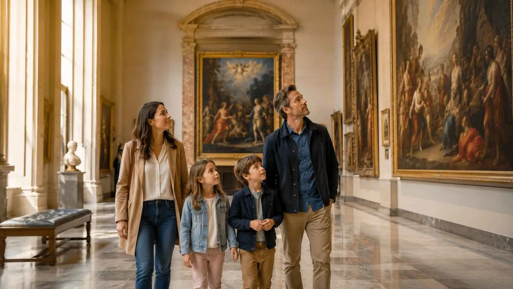 Family completing an art museum scavenger hunt at the National Gallery of Art