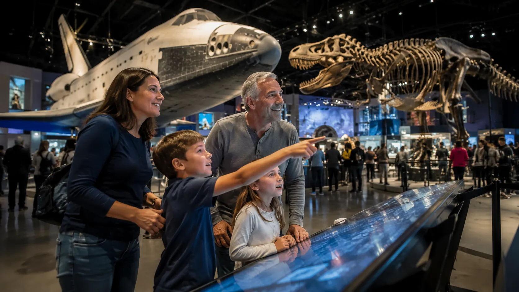 Family exploring the Space Shuttle Endeavour exhibit at the California Science Center